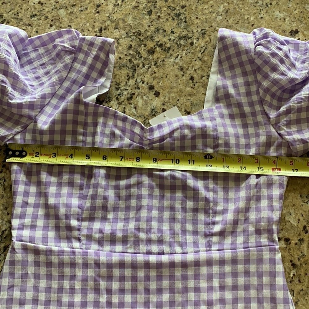 NWT Gingham Mini Lined Dress‎ Purple Puff Sleeves ruffle small Cottagecore - Picture 7 of 9